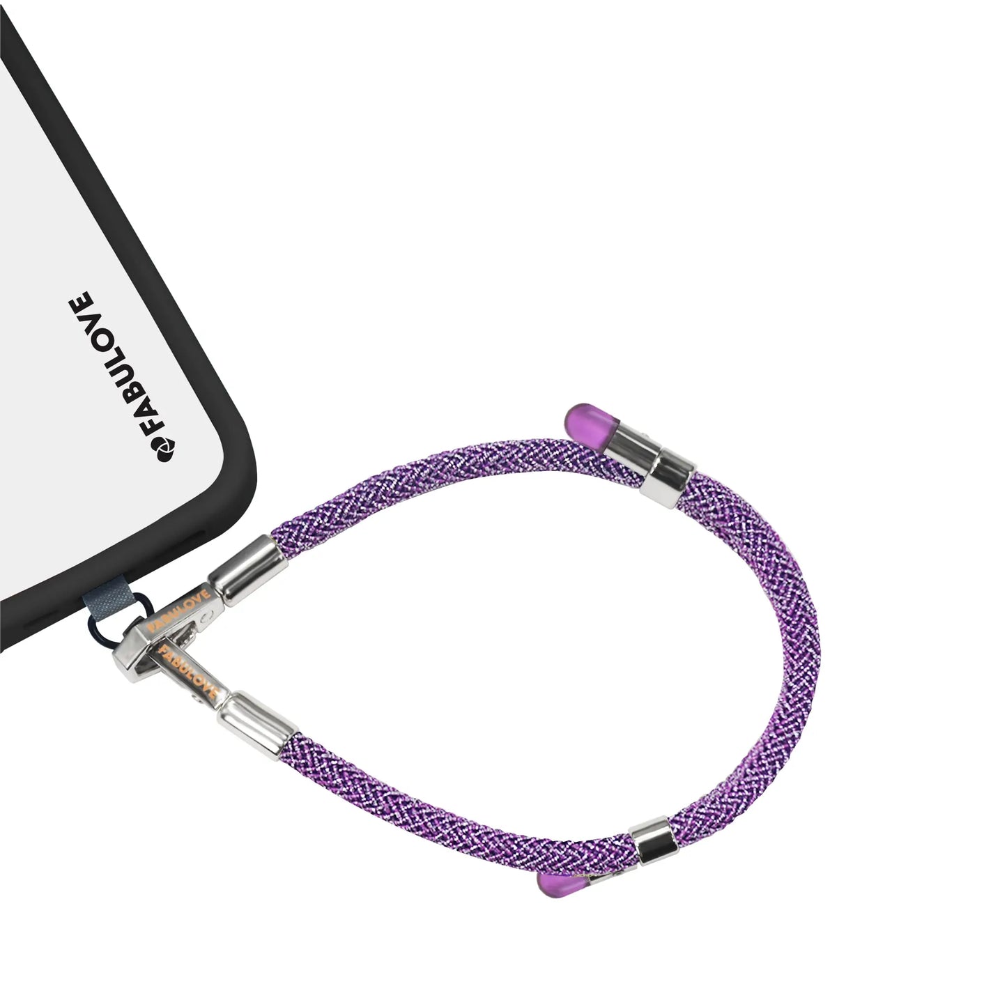 Adjustable amethyst purple phone strap secured to iPhone charging port