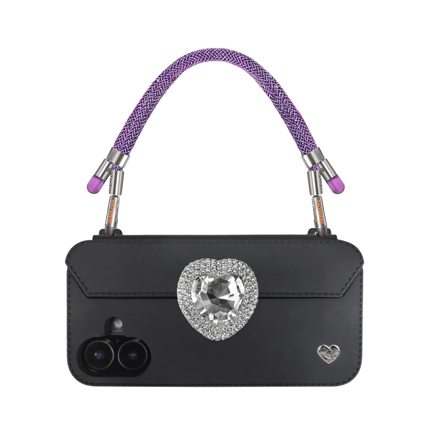 Amethyst Purple phone strap securely attached to FABULOVE iPhone case