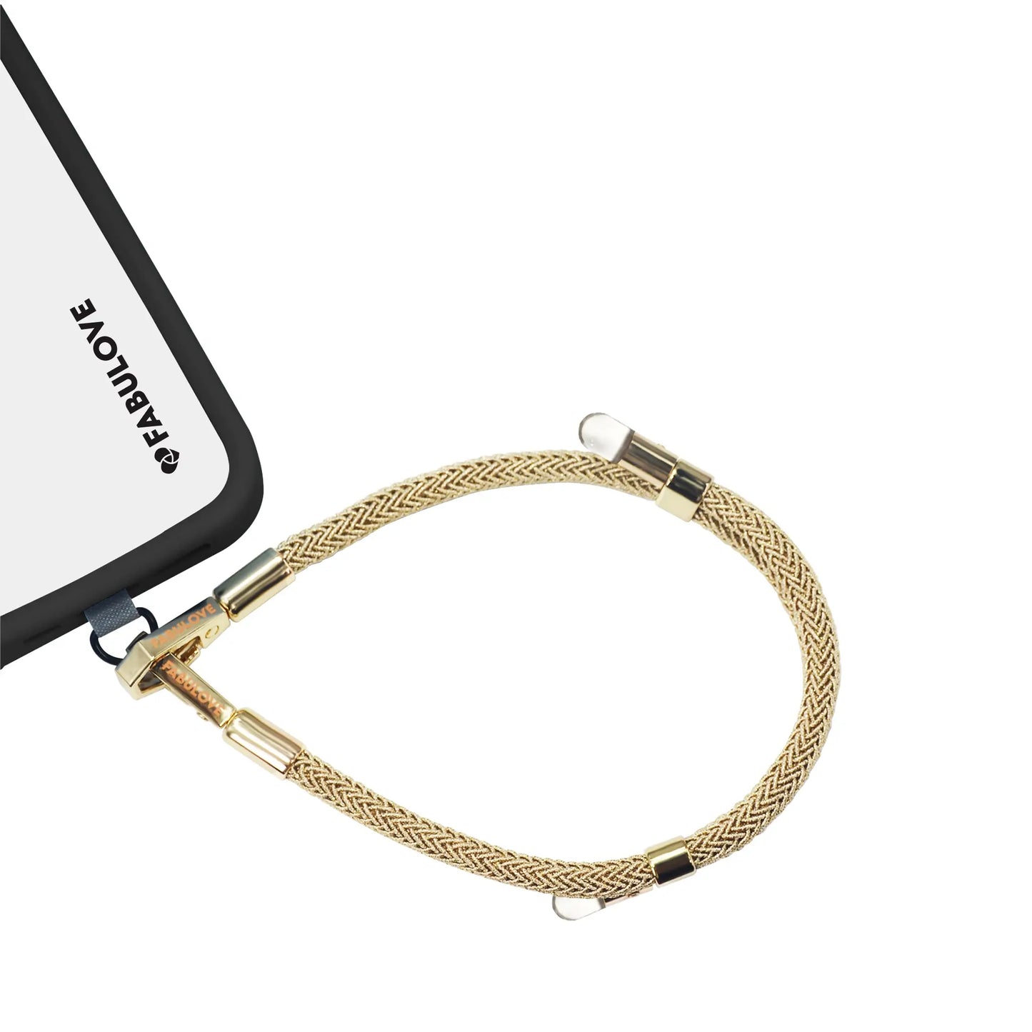 Adjustable golden phone strap connected to iPhone charging port