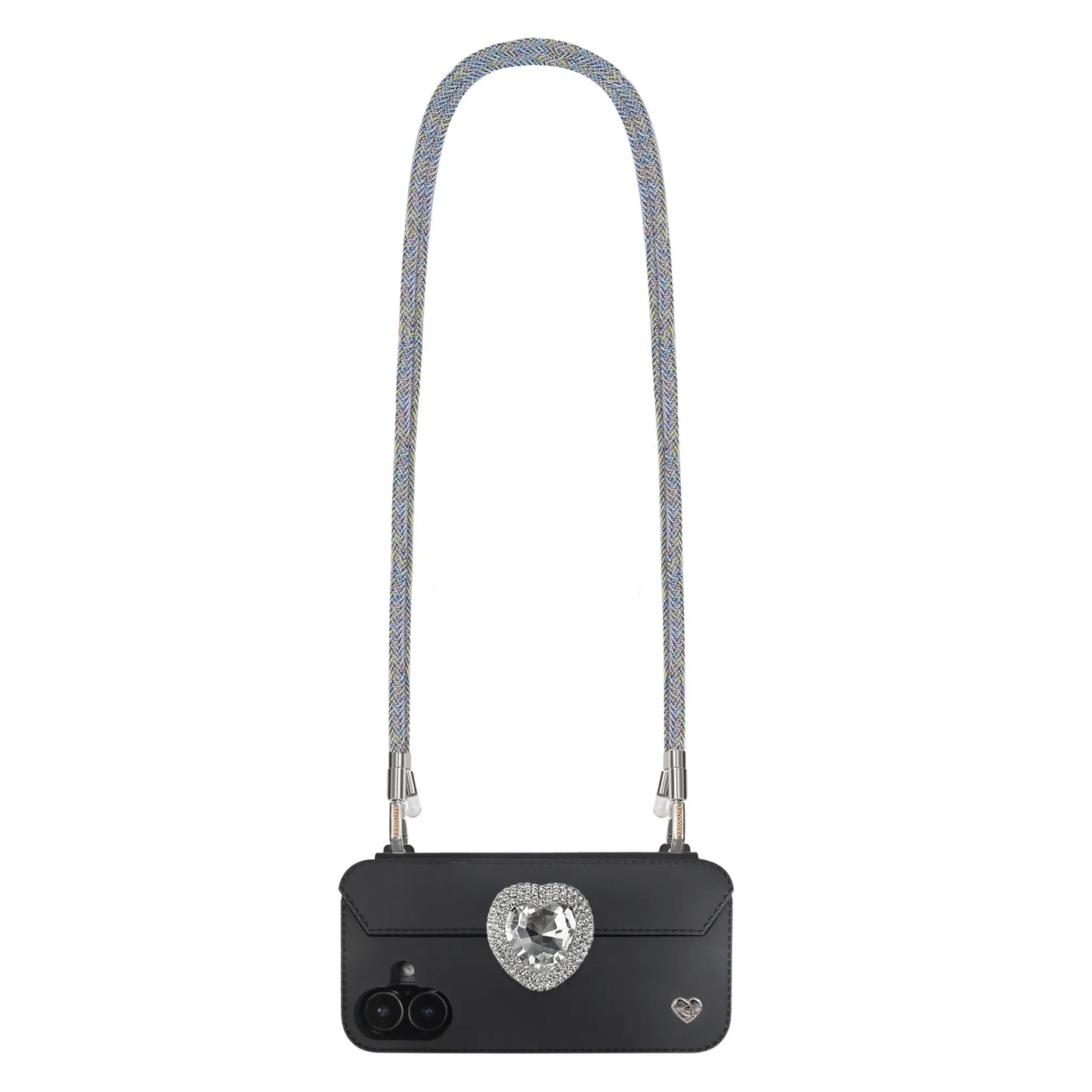 Iridescent phone crossbody strap securely mounted on FABULOVE iPhone case