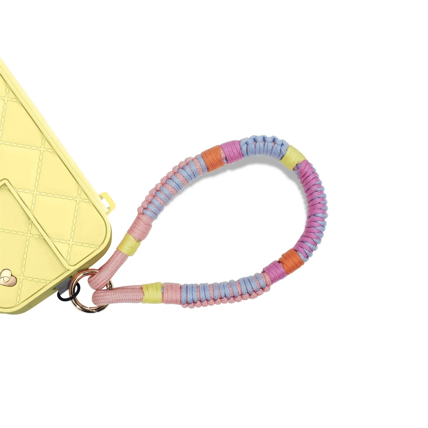 Eco-friendly phone strap in pastel dream color secured to charging port via strap card