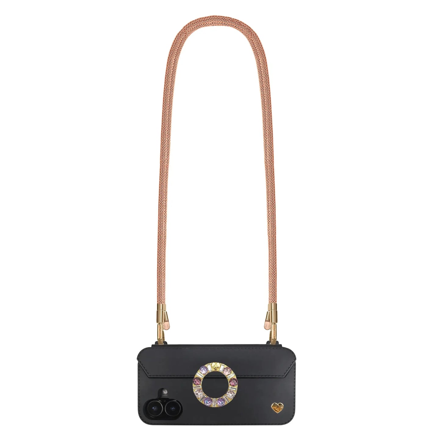 Peach Orange phone crossbody strap securely attached to FABULOVE iPhone case