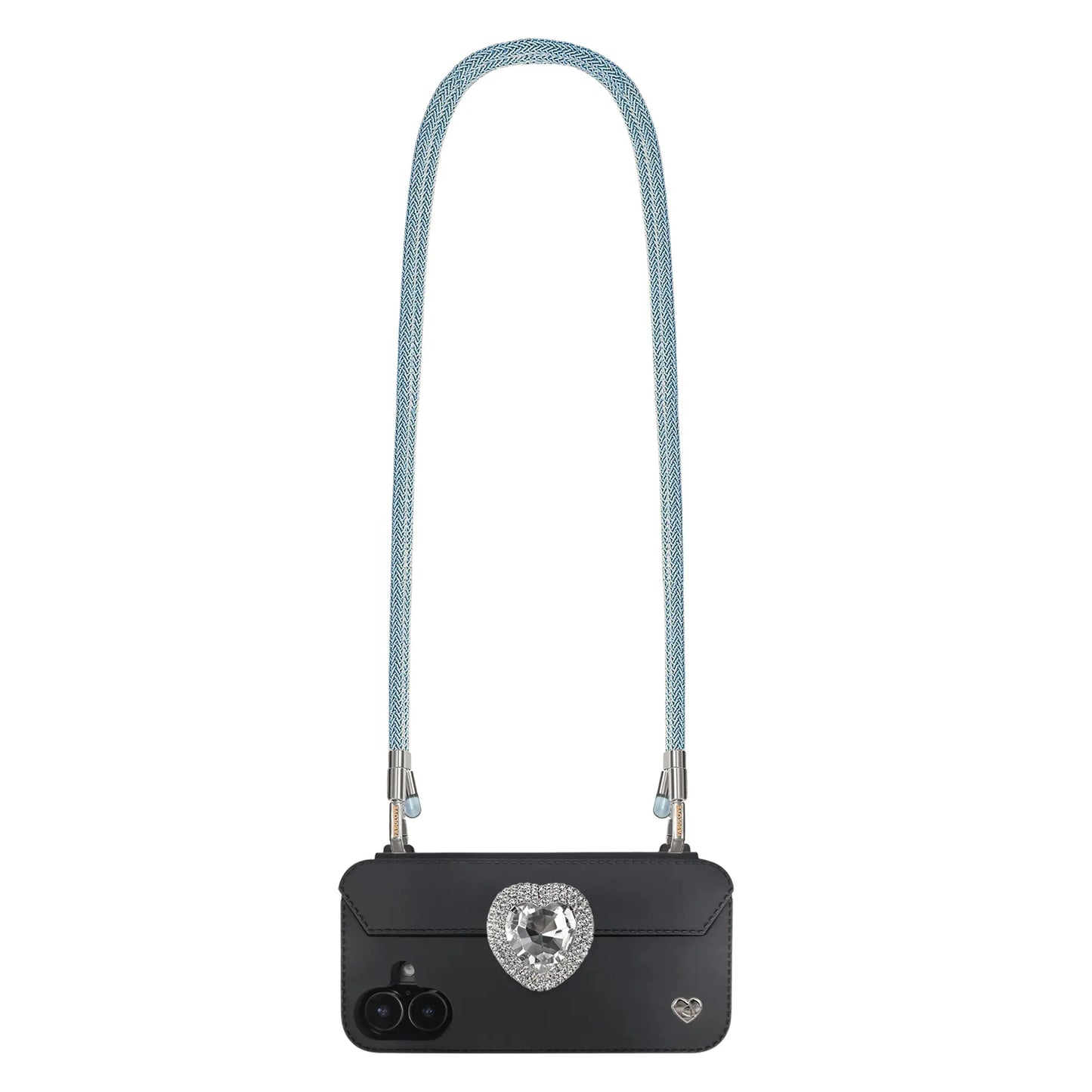 Peacock Blue phone crossbody strap securely attached to FABULOVE iPhone case