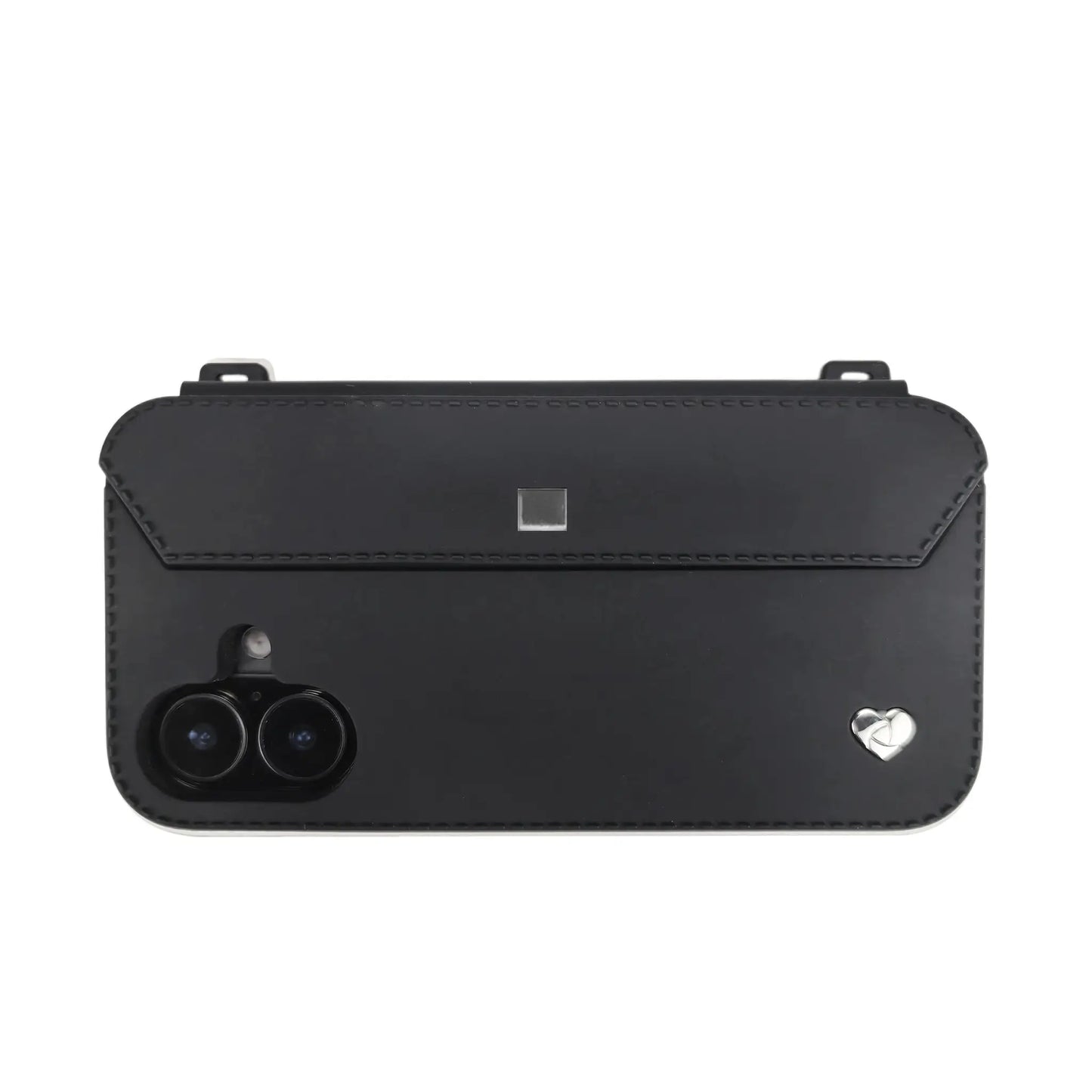Modern utility: Silver accents on black iPhone 16 case with dual-lens protection