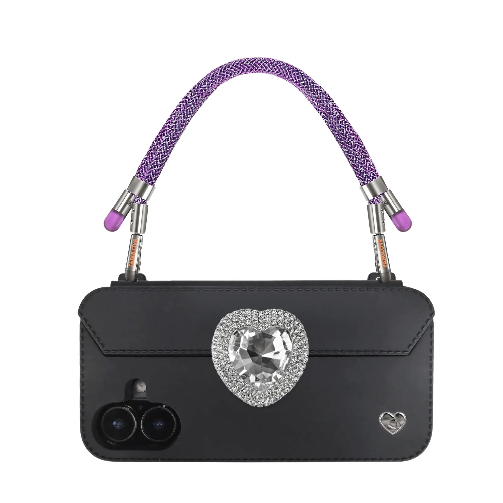 Amethyst Purple phone strap securely attached to FABULOVE iPhone case