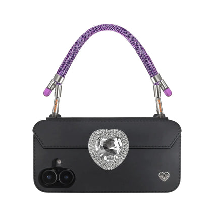 Amethyst Purple phone strap securely attached to FABULOVE iPhone case