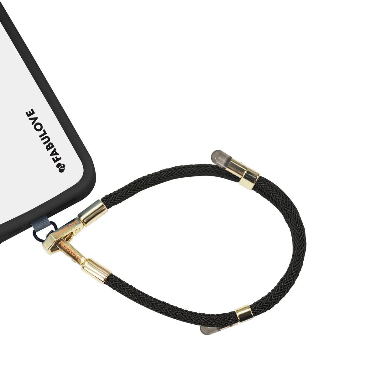 Adjustable black phone strap secured to iPhone charging port