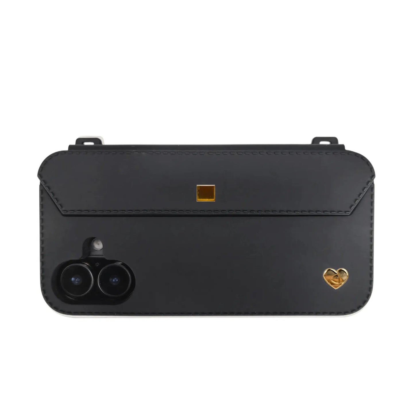 Urban chic: Black iPhone 16 case with gold accents and strap-ready ears, guarding dual-lens cameras