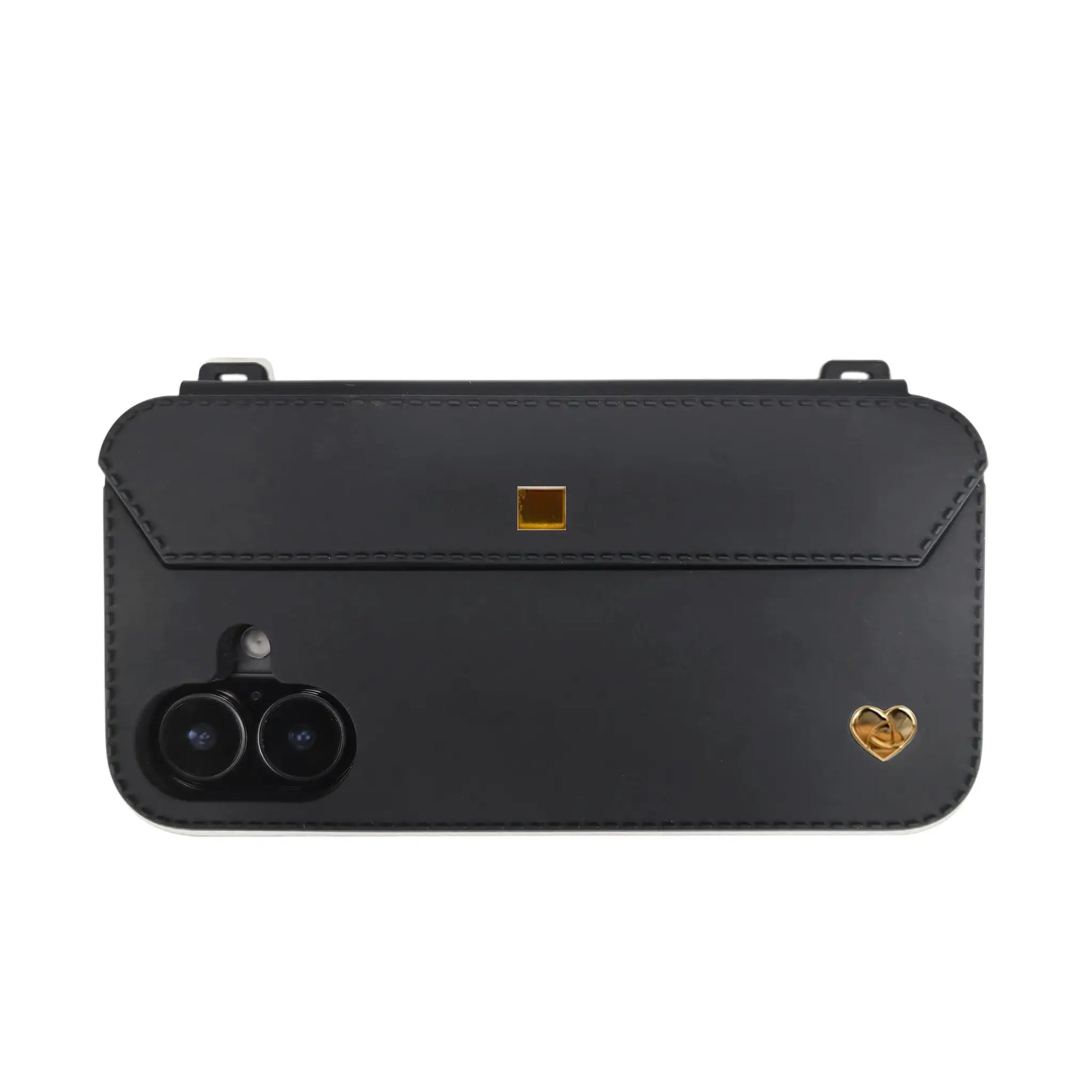 Urban chic: Black iPhone 16 case with gold accents and strap-ready ears, guarding dual-lens cameras