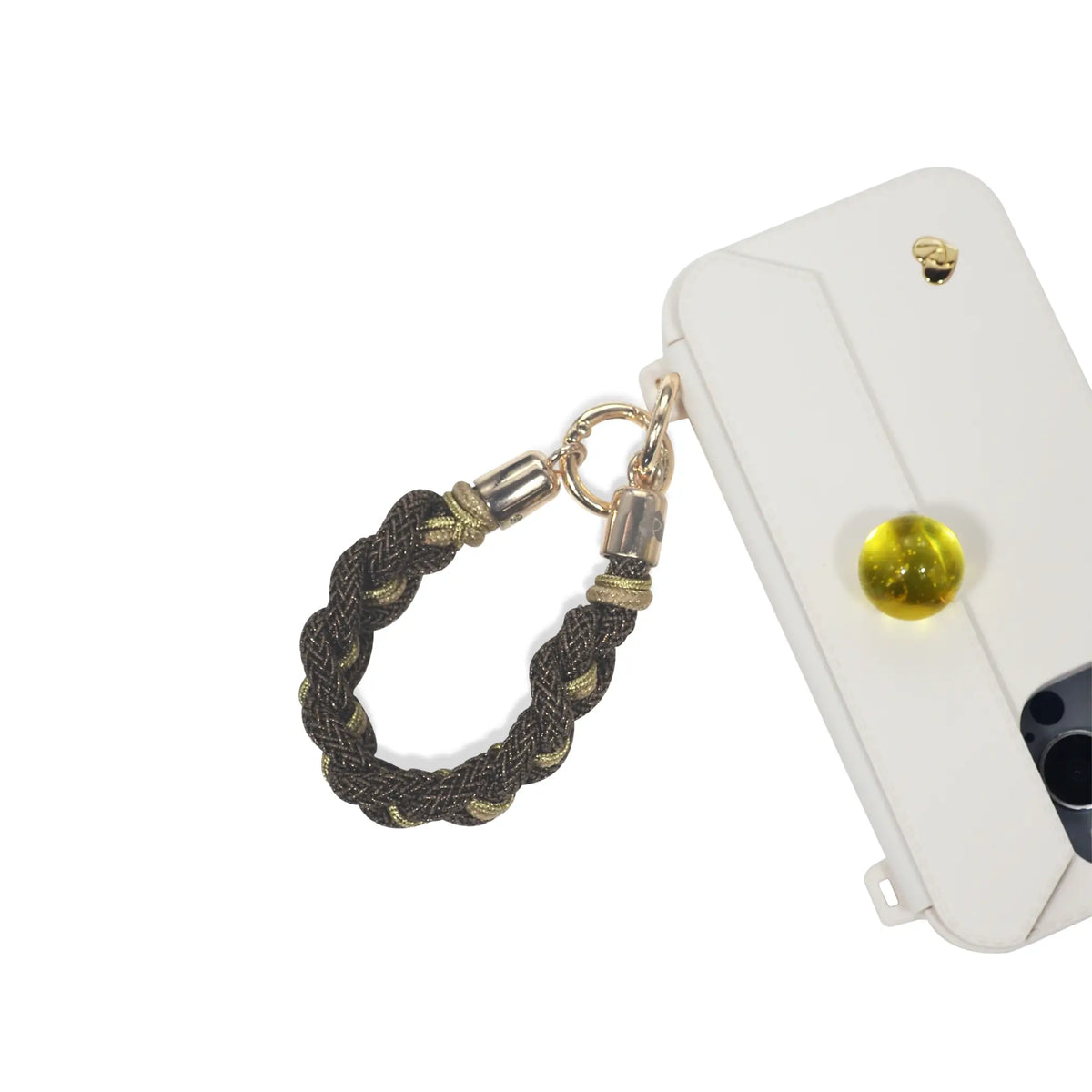 Handle accenting phone case edge as functional decor in caramel brown