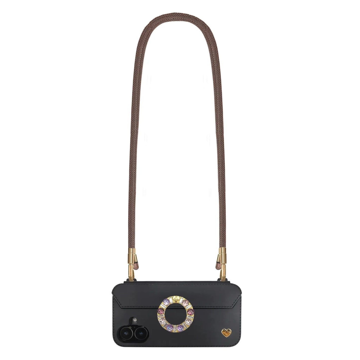 Caramel Brown phone crossbody strap securely mounted on FABULOVE iPhone case