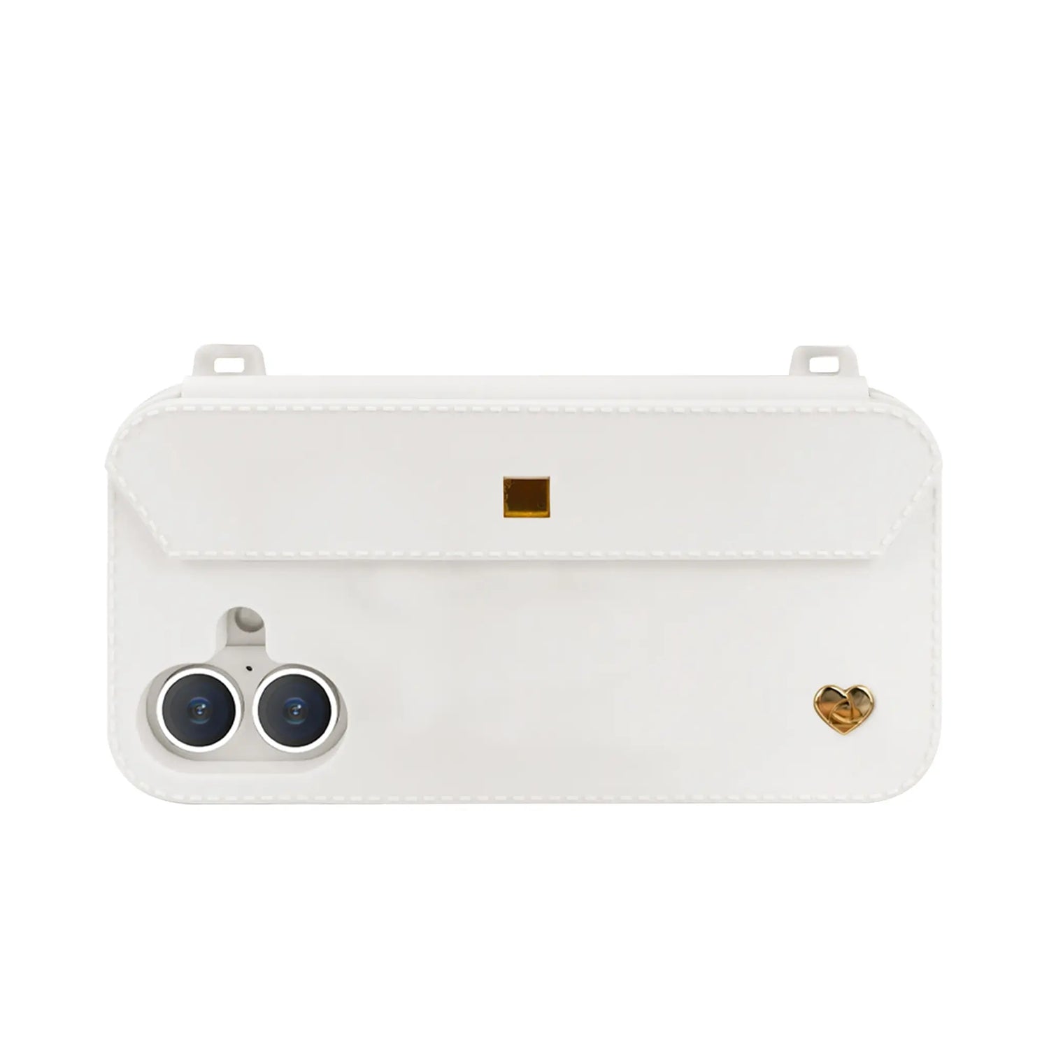 Minimalist white iPhone 16 case with dual strap-ready ears and charm holes