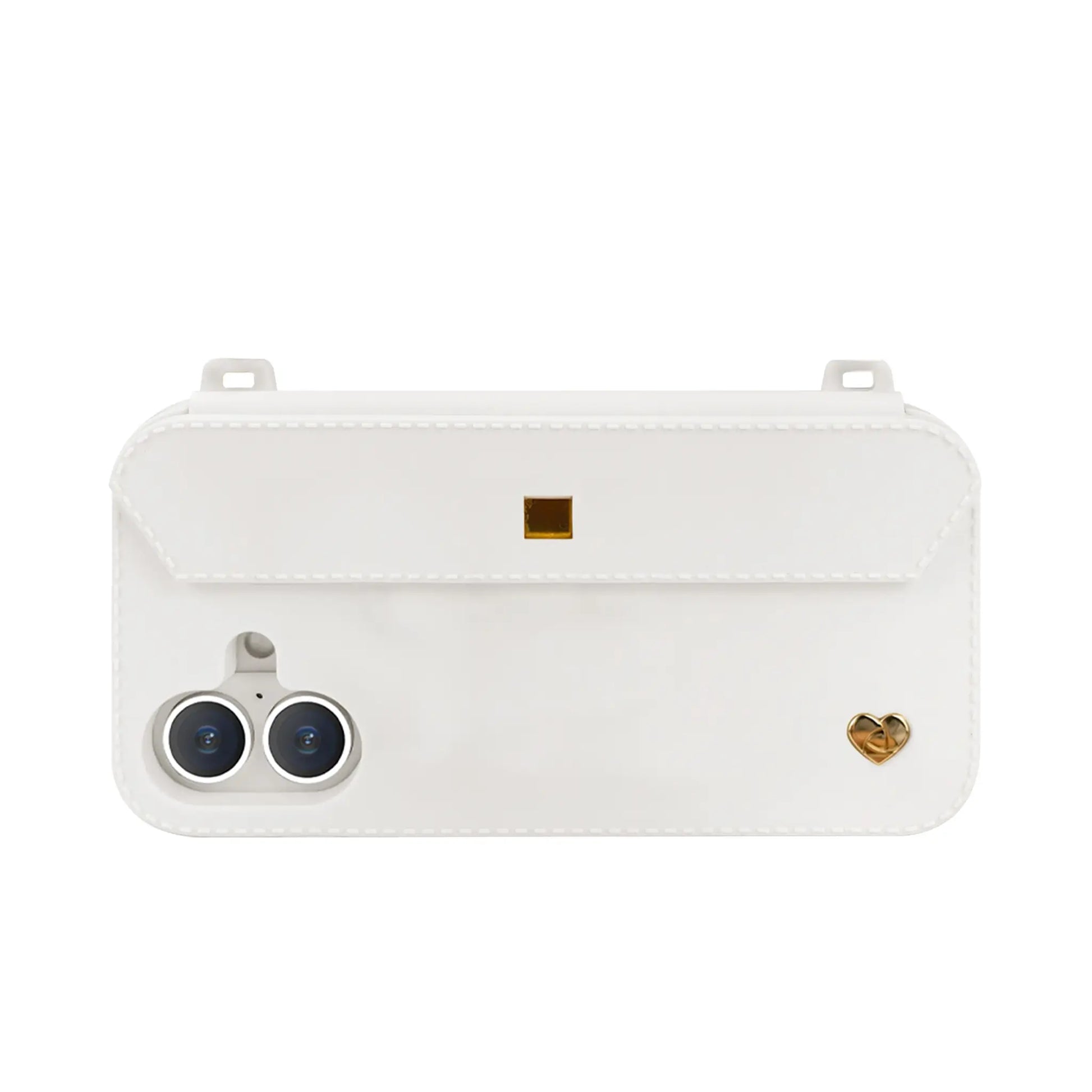 Minimalist white iPhone 16 case with dual strap-ready ears and charm holes