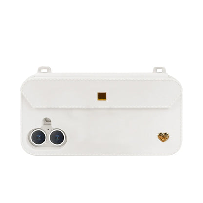 Minimalist white iPhone 16 case with dual strap-ready ears and charm holes