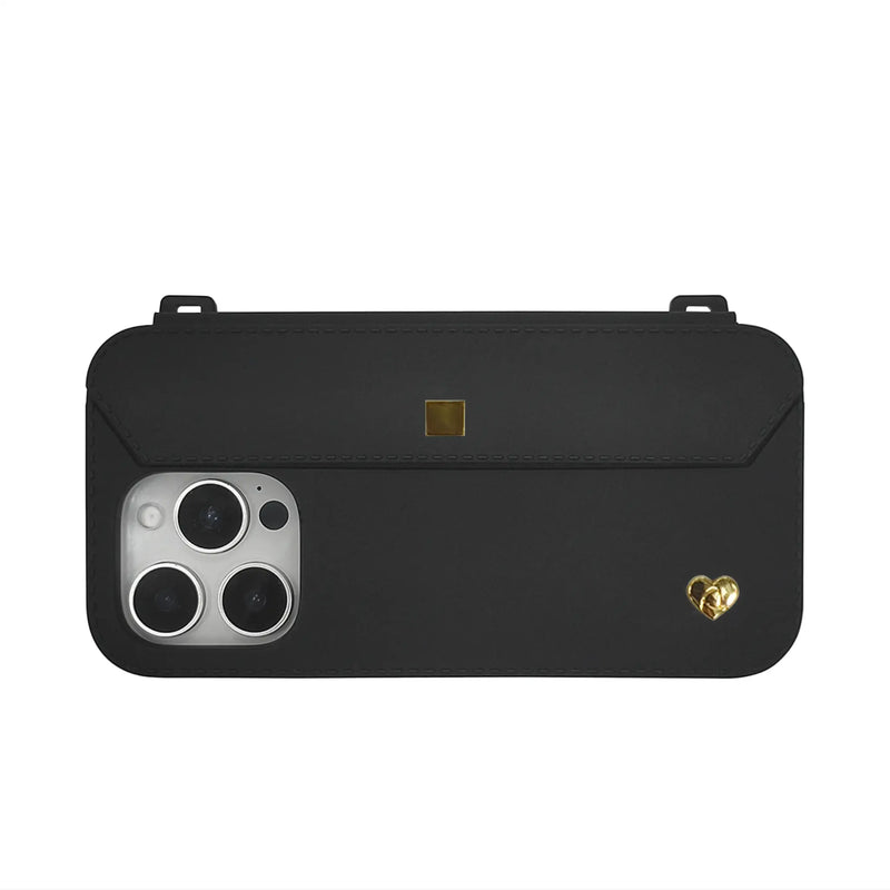 Luxury black iPhone 16 Pro case featuring gold accents and dual strap-ready ears