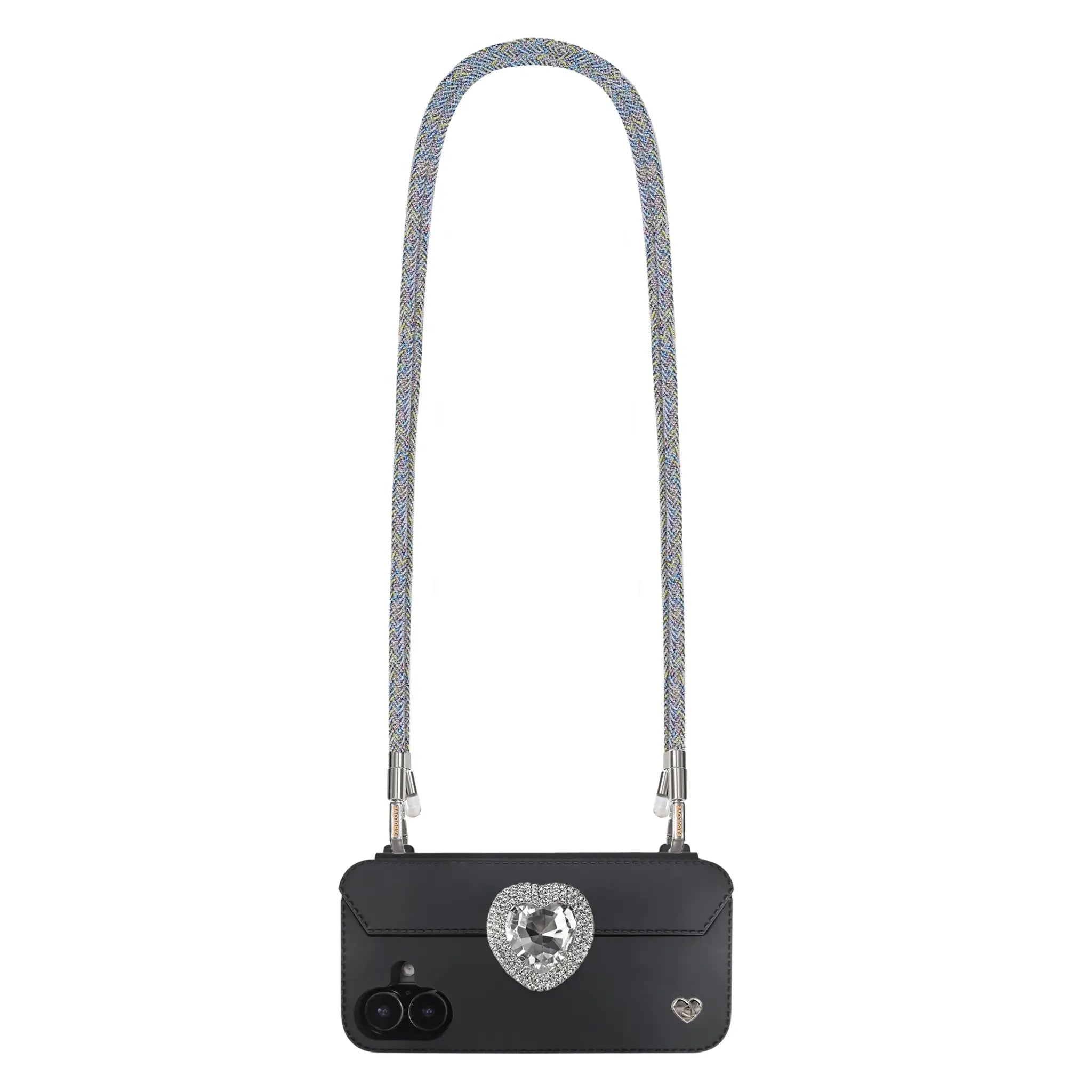 Iridescent phone crossbody strap securely mounted on FABULOVE iPhone case