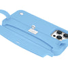 Blue iPhone purse case showing accessible card storage