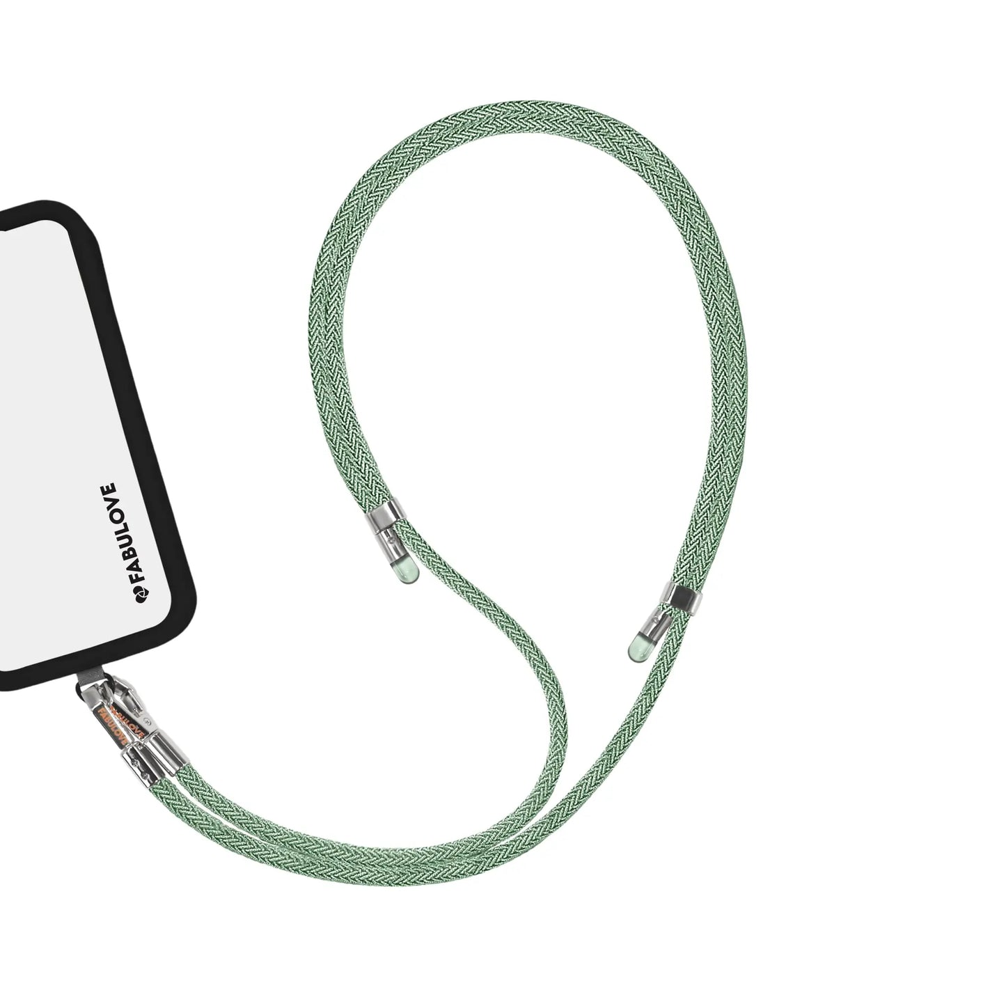 Adjustable mint green phone crossbody strap connected to iPhone charging port