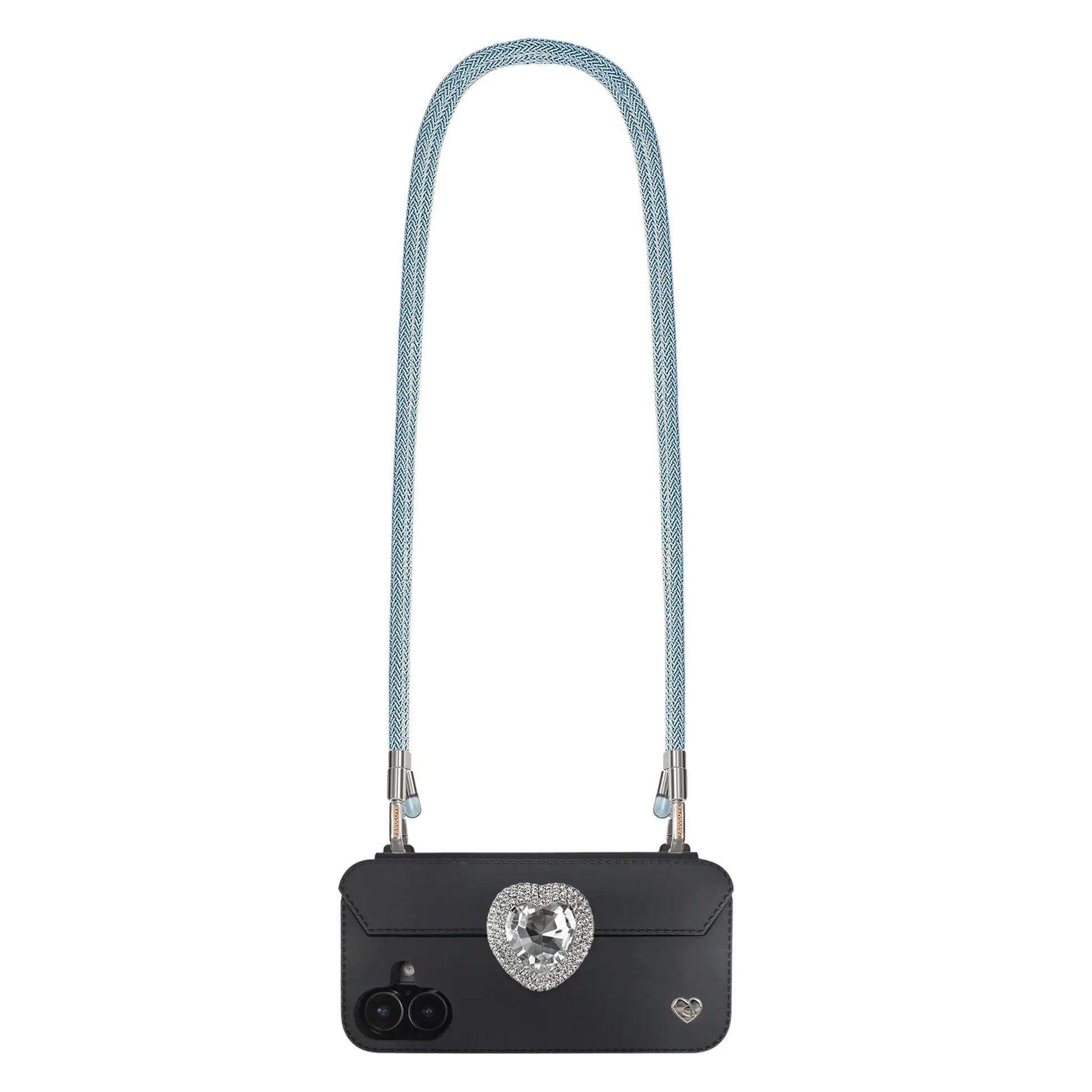Peacock Blue phone crossbody strap securely attached to FABULOVE iPhone case