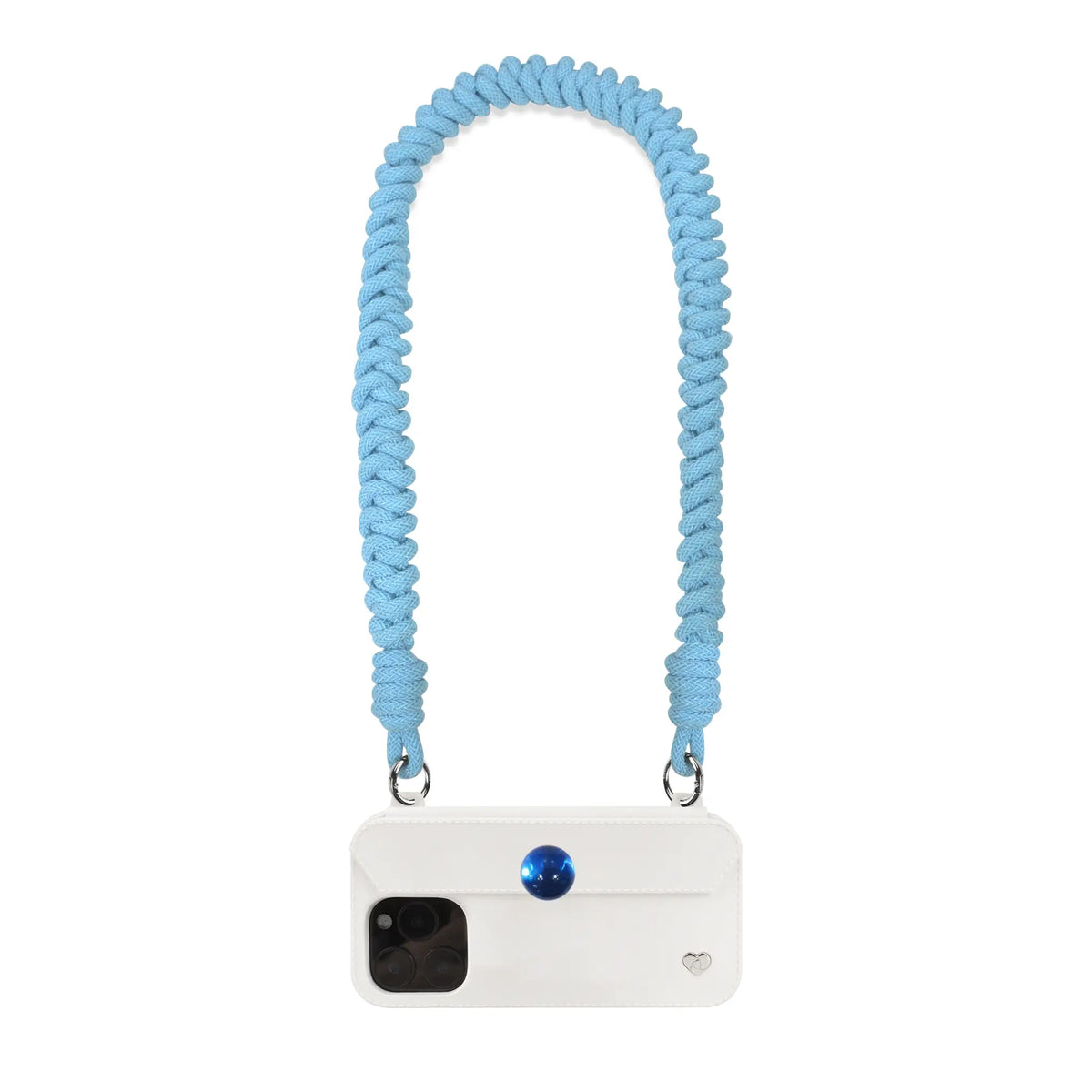 Long peacock blue strap attached to FABULOVE case as shoulder bag strap