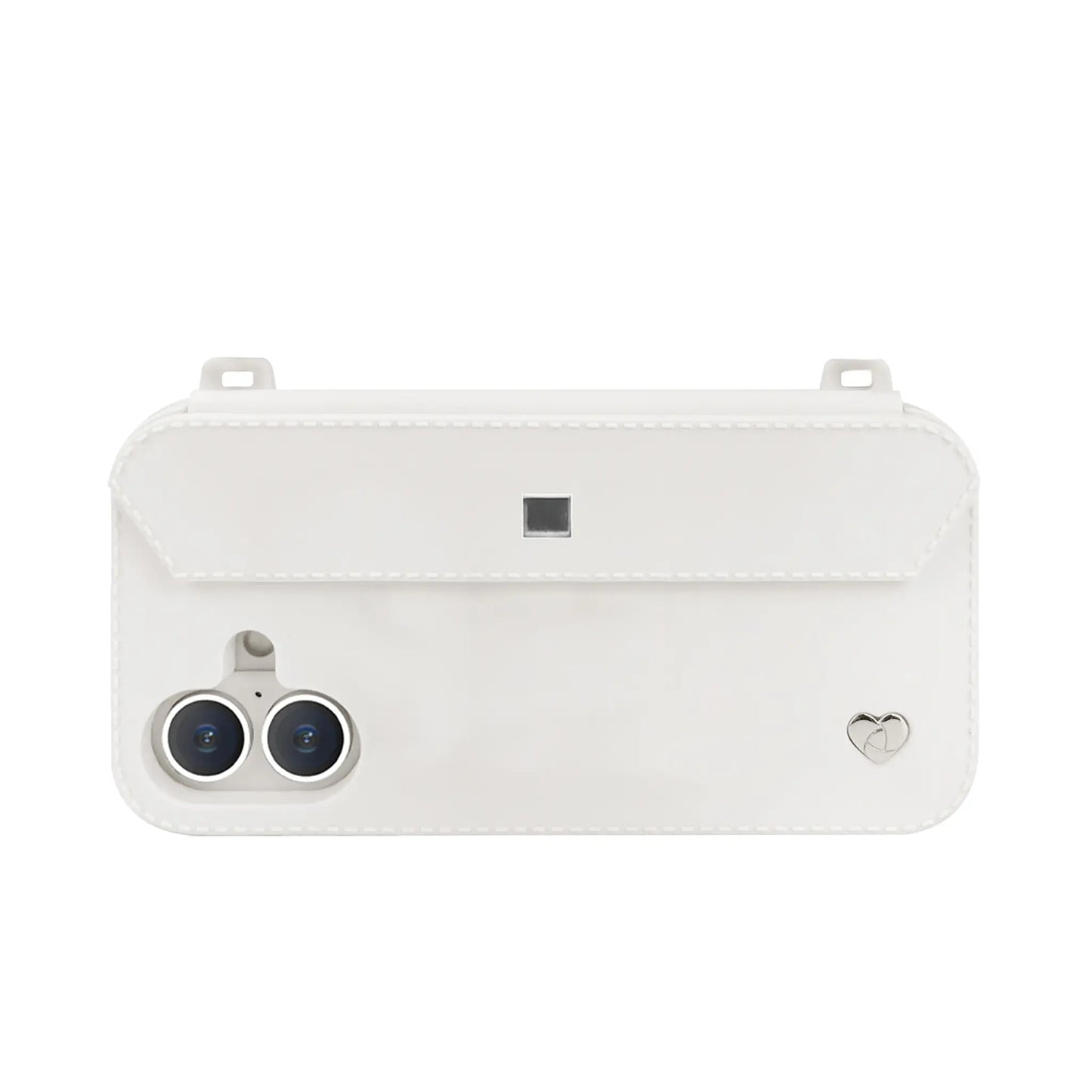 Sleek profile: Silver strap-ready ears on minimalist white iPhone 16 case with dual-camera guard