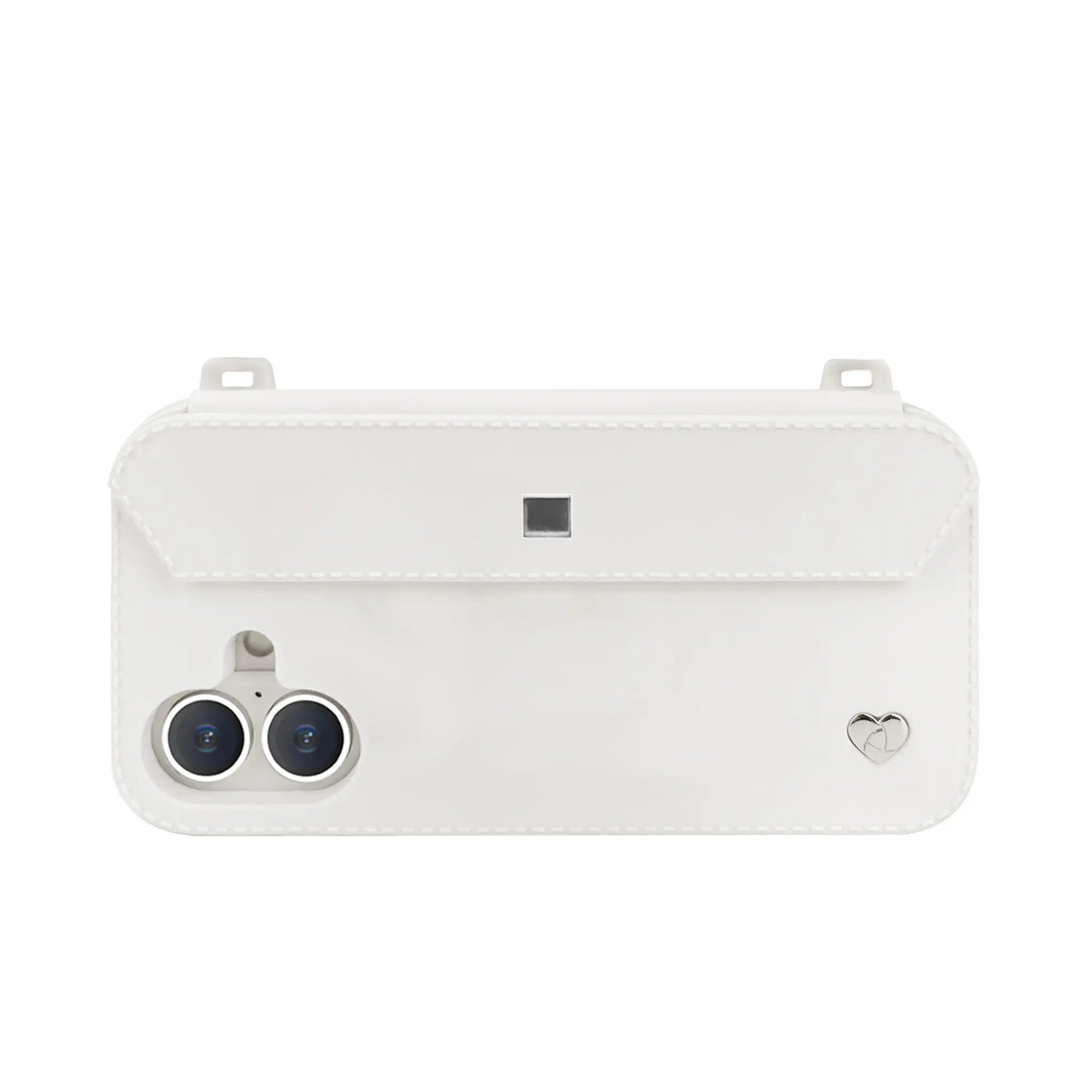 Sleek profile: Silver strap-ready ears on minimalist white iPhone 16 case with dual-camera guard