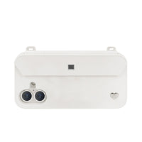 Sleek profile: Silver strap-ready ears on minimalist white iPhone 16 case with dual-camera guard