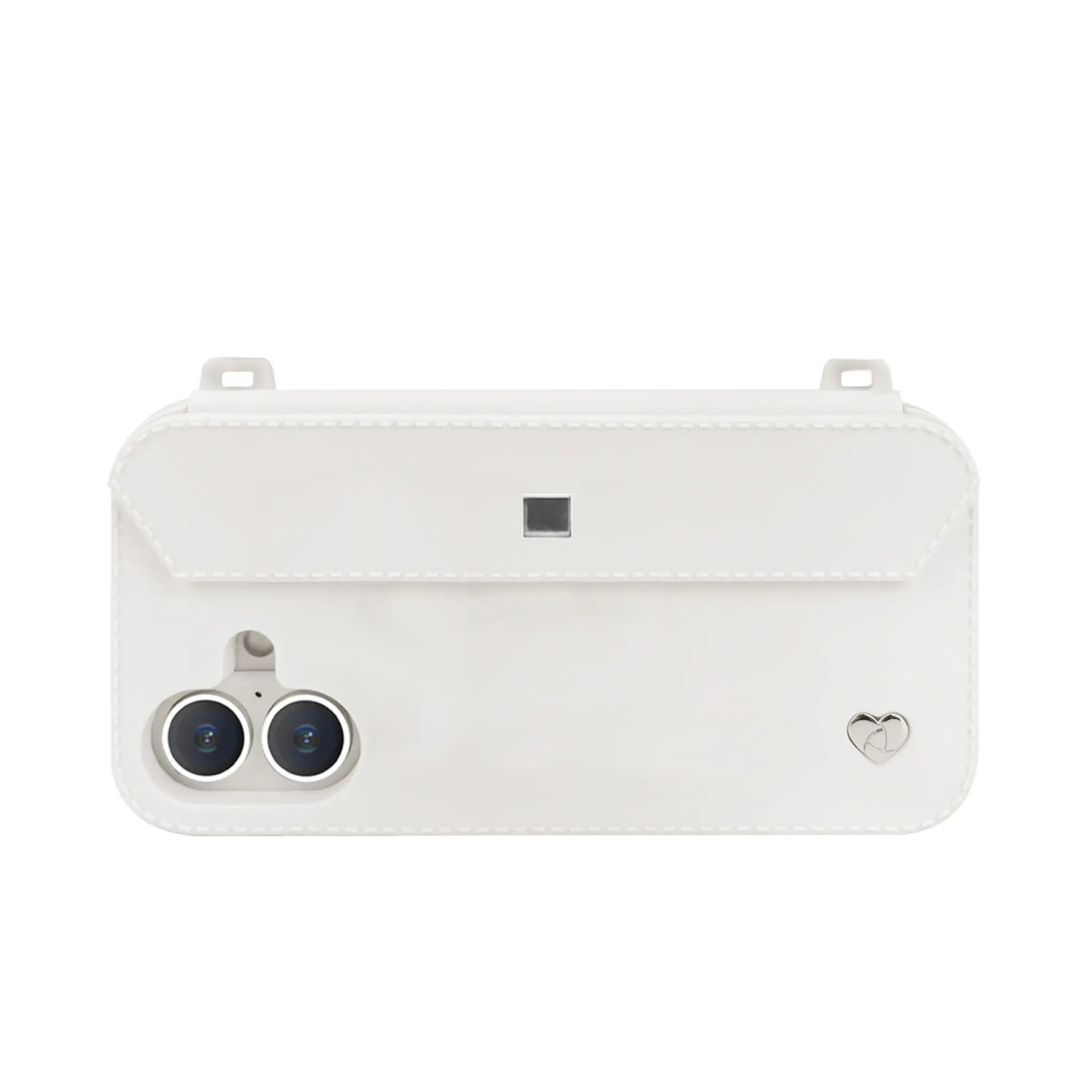 Sleek profile: Silver strap-ready ears on minimalist white iPhone 16 case with dual-camera guard