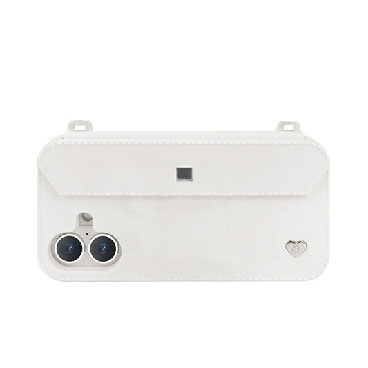 Sleek profile: Silver strap-ready ears on minimalist white iPhone 16 case with dual-camera guard
