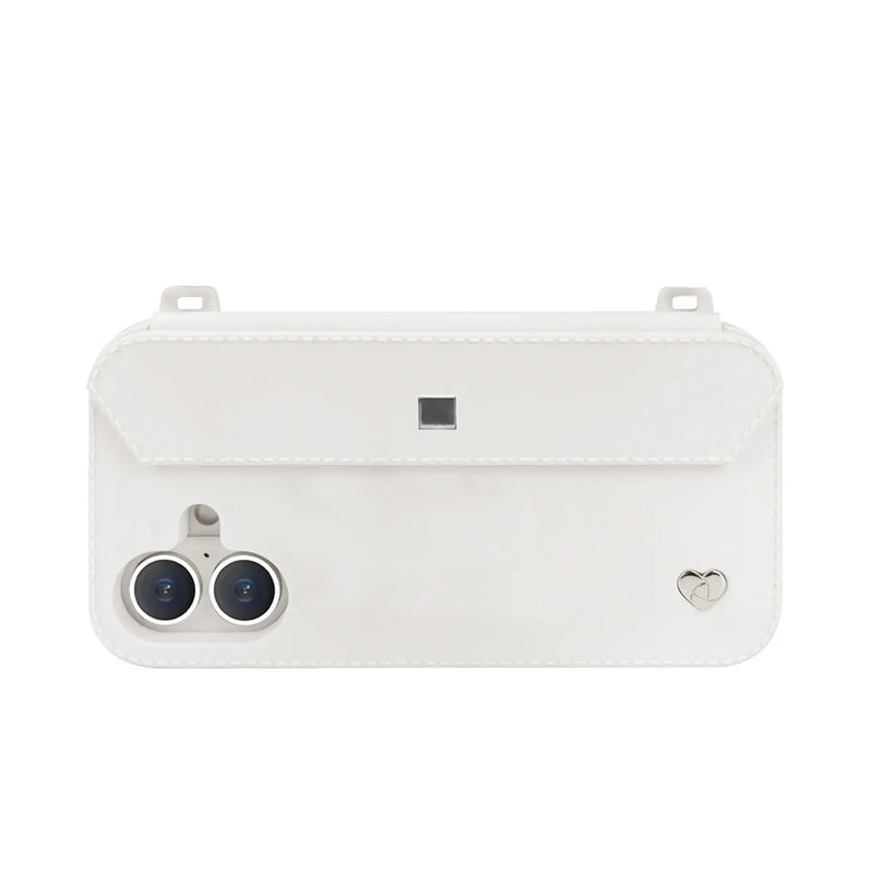 Sleek profile: Silver strap-ready ears on minimalist white iPhone 16 case with dual-camera guard