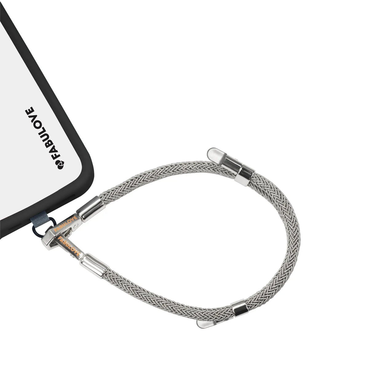 Adjustable silver phone strap connected to iPhone charging port