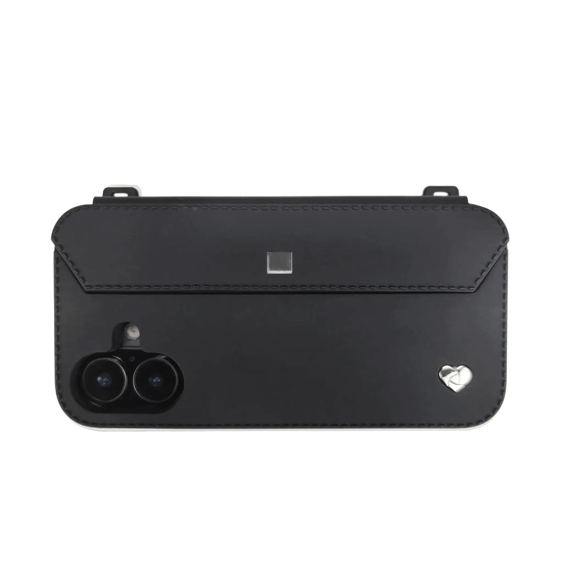 Modern utility: Silver accents on black iPhone 16 case with dual-lens protection