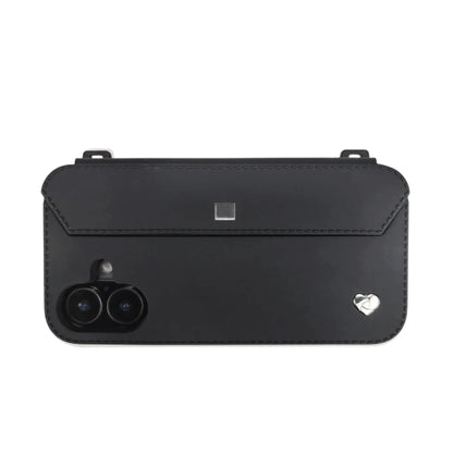 Modern utility: Silver accents on black iPhone 16 case with dual-lens protection