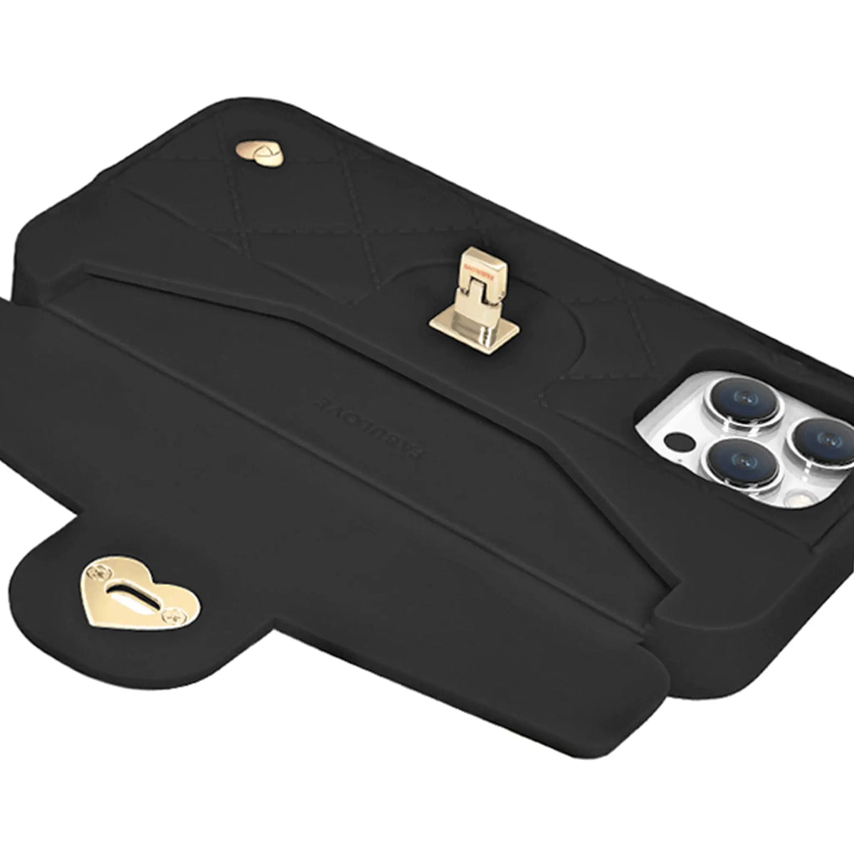 Open card slot holding business cards in black phone case