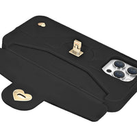 Open card slot holding business cards in black phone case