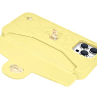 Open card compartment holding ID in yellow phone case