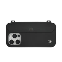 Modern black iPhone 16 pro case with silver accents, strap-ready ears and charm holes
