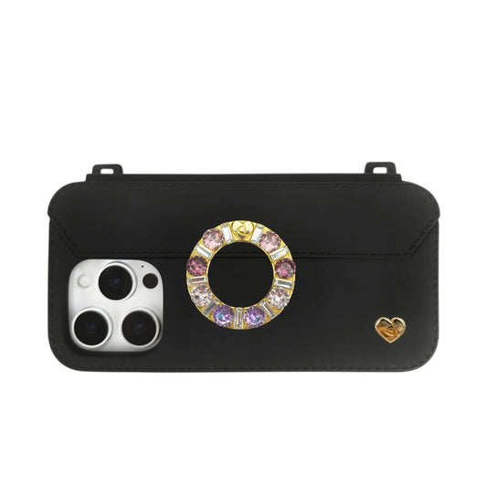 Elegant Black iPhone 16 Pro Max Purse Case with Ring Accent